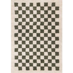 Madison Cream Green Small Checkered Shag Rug, 5'3" x 7'7"