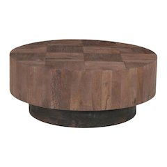 Reed Round Solid Wood Coffee Table with Brown Finish and Sculpted Base