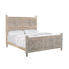 Elowen Floral Carved Solid Wood King Panel Bed