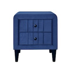 2 Drawers Velvet Upholstered Nightstand with Tapered Shape Legs in Navy Blue