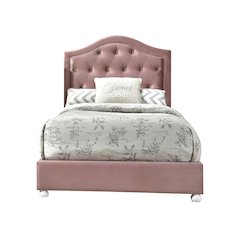 Fabric Upholstered Twin Bed with Wood Legs and Tufted Headboard in Pink