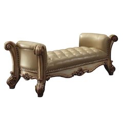 Upholstered Bedroom Bench with Button Tufted Seat in Bone and Gold Patina