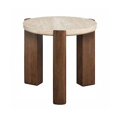 Travertine Stone and Wood Round End Table in Dark Oak
