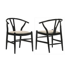 Set of 2 Upholstered Y-Shaped Back Wishbone Dining Side Chairs, Black and Beige