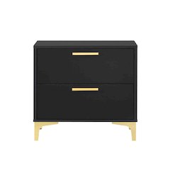 2 Drawers Wood Nightstand with Metal Legs in Black and Gold