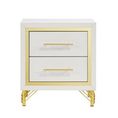 2 Drawers Wooden Nightstand with Metal Handles in White and Gold