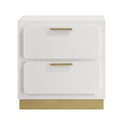 2 Drawers Wooden Nightstand with Bar Drawer Pulls in White and Gold