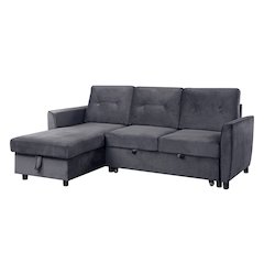 Velvet Reversible Sleeper Sectional Sofa with Storage Chaise in Dark Gray