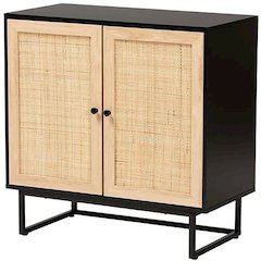 Wood And Rattan 2-Door Storage Cabinet With Mid-Century Style
