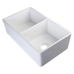 White 32" Fluted Apron Double Bowl Fireclay Farmhouse Kitchen Sink