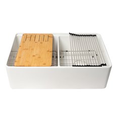 White 33" x 20" Workstation Double Bowl Step Rim Fireclay Farm Sink