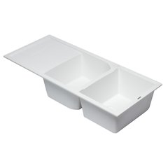 White 46" Double Bowl Granite Composite Kitchen Sink with Drainboard