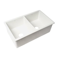 White 32" x 19" Double Bowl Fireclay Undermount / Drop In Kitchen Sink w Grid