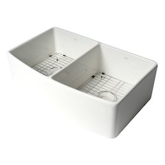 ALFI Brand White Smooth Curved Apron 33" x 20" Double Bowl Fireclay Farm Sink