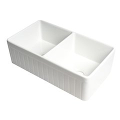 White Smooth Apron 33" x 18" Double Bowl Fireclay Farm Sink