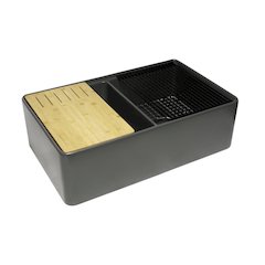 Grey Matte Workstation 33" x 20" Double Bowl Step Rim Fireclay Farm Sink