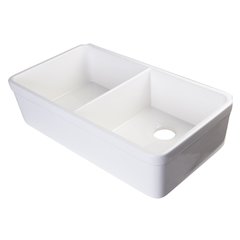 White 32" Double Bowl Lip Apron Fireclay Farmhouse Kitchen Sink with 1 3/4" Lip