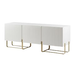 White Modern Wood TV Stand with 3 Cabinets for Living Room Storage