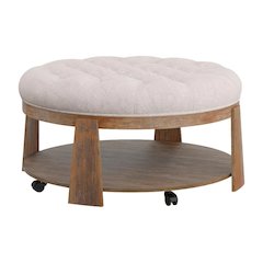 Beige Round Coffee Table with Solid Wood Frame and Linen-Like Surface