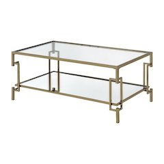 Gold Metal Coffee Table, Tempered Glass Shelf and Mirror Accents for Living Room