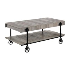 Brown Wood Coffee Table with Metal Black Wheels and Steel Frame