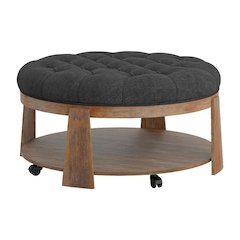 Gray Wood Round Coffee Table with Linen-Like Surface and Solid Wood Base