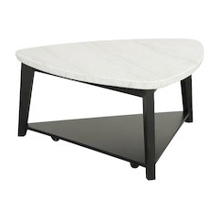 White Marble and Wood Triangle Coffee Table with Solid Engineered Wood Base