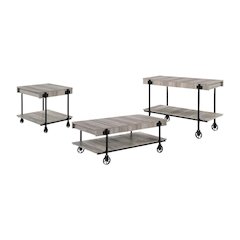 Brown 3-Piece Coffee Table Set with Wheels Steel and Wood Surfaces