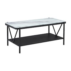 Black Steel Coffee Table with Tempered Marble Glass Shelf and Modern Design