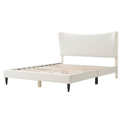 White Boucle Upholstered Queen Bed Frame with Headboard - Modern Style