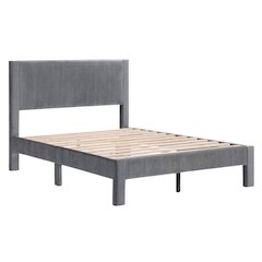 Gray Upholstered Wooden Full Size Bed Frame with Headboard – Modern Bed Platform