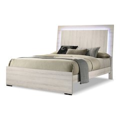 Turntile Modern Wood Panel Bed with LED in Washed White