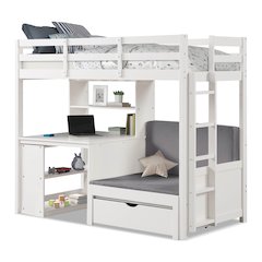 Yalle White Solid Wood USBs Twin Loft Bed with Bookcase