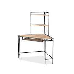 Flak Industrial Wood Corner Desk with Shelves in Sand Black