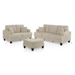 Kasin 3-Piece Chenille Living Room Set with USB Ports
