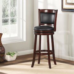 Cherry Finish Black PU Cushion Back Swivel Bar Height Chair