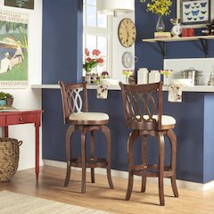 Cherry Finish Beige Linen Scroll Back Swivel Bar Height Chair