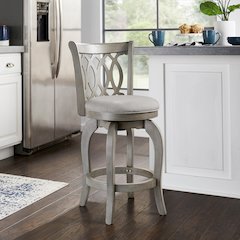 Antique Grey Finish Grey Linen Scroll Back Swivel Counter Height Chair