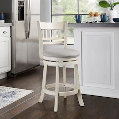 Antique White Finish Grey Linen Lattice Back Swivel Counter Height Chair