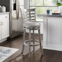 Antique Grey Finish Grey Linen Swivel Bar Height Chair (Window Back Design)