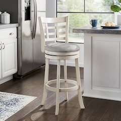 Antique White Finish Grey Linen Swivel Bar Height Chair (Window Back Design)