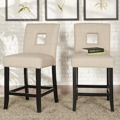 Set of 2, Black Finish Beige Linen Keyhole Counter Height Chair