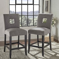 Set of 2, Black Finish Grey Linen Keyhole Counter Height Chair