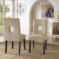 Set of 2, Black Finish Beige Linen Keyhole Side Chair