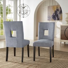 Set of 2, Black Finish Blue Linen Keyhole Side Chair