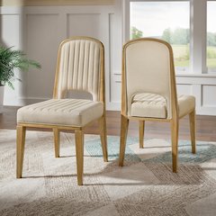 Set of 2, Oak Wash Finish Cream Fabric Channel Stitching Dining Chair