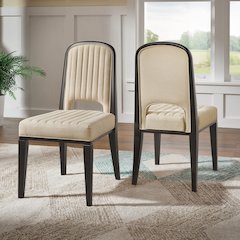 Set of 2, Black Oak Finish Cream Fabric Channel Stitching Dining Chair