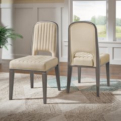 Set of 2, Grey Finish Cream Fabric Channel Stitching Dining Chair