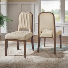 Set of 2, Walnut Finish Cream Fabric Channel Stitching Dining Chair