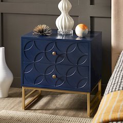 Blue Finish Arched Diamond Pattern Nightstand With Gold Metal Base